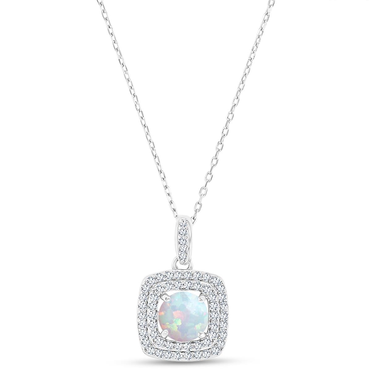 Sterling Silver Rhodium 7mm RD Cr Opal/ Cr White Sapphire Cushion Double Halo 16"+2" Necklace