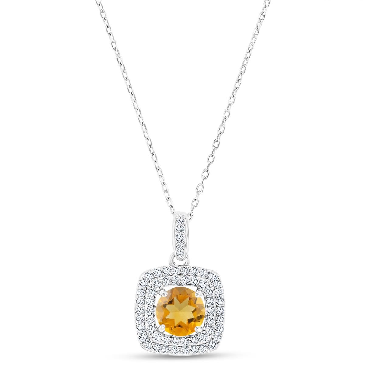 Sterling Silver Rhodium 7mm RD Citrine/ Cr White Sapphire Cushion Double Halo 16"+2" Necklace