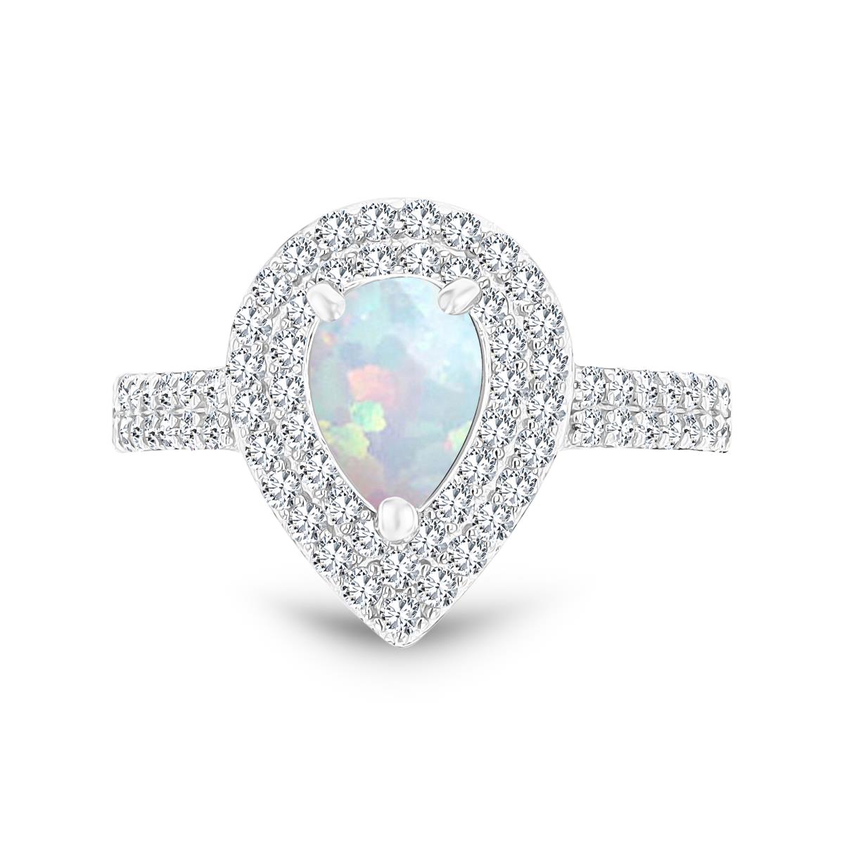 Sterling Silver Rhodium 8x6mm PS Cr Opal/ Cr White Sapphire Double Halo Ring