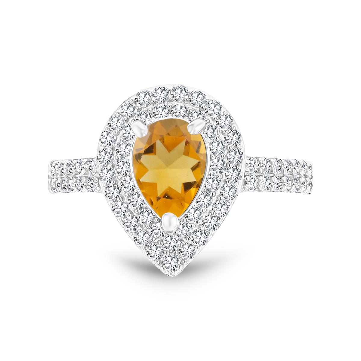 Sterling Silver Rhodium 8x6mm PS Citrine/ Cr White Sapphire Double Halo Ring