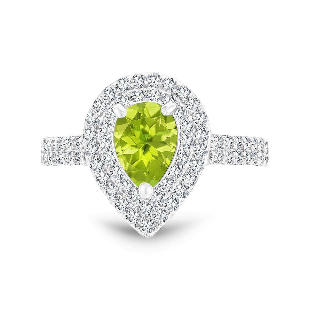 Sterling Silver Rhodium 8x6mm PS Peridot/ Cr White Sapphire Double Halo Ring