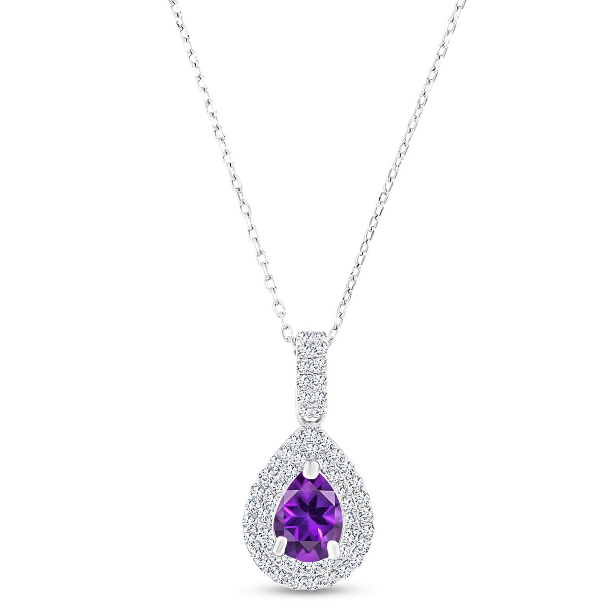 Sterling Silver Rhodium 8x6mm PS Amethyst/ Cr White Sapphire Double Halo 16"+2" Necklace