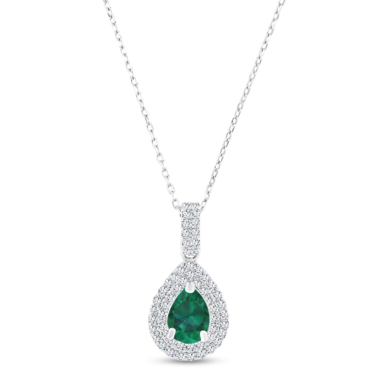 Sterling Silver Rhodium 8x6mm PS Cr Emerald/ Cr White Sapphire Double Halo 16"+2" Necklace