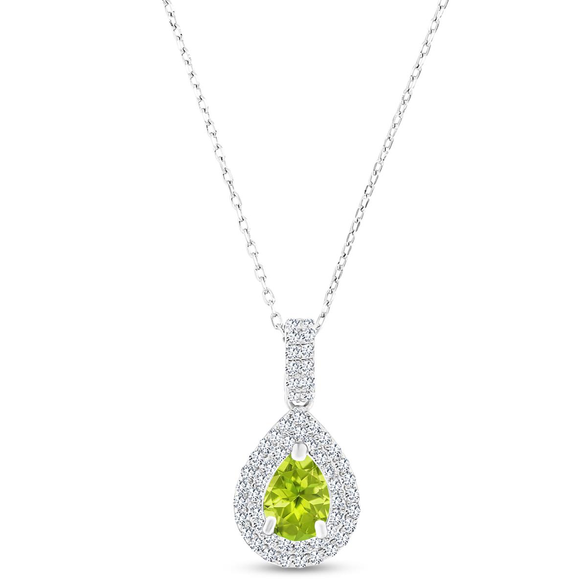 Sterling Silver Rhodium 8x6mm PS Peridot/ Cr White Sapphire Double Halo 16"+2" Necklace