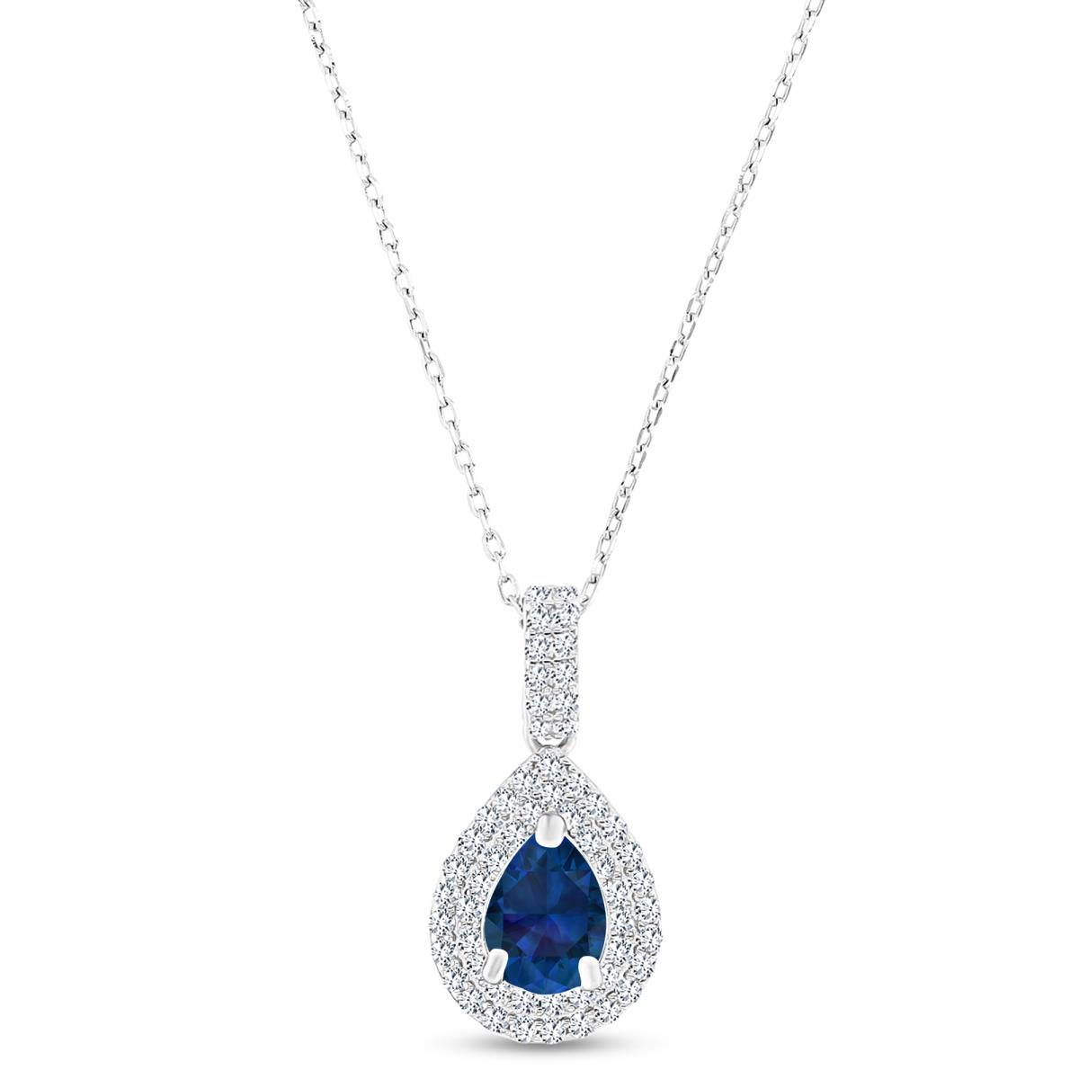 Sterling Silver Rhodium 8x6mm PS Cr Blue Sapphire/ Cr White Sapphire Double Halo 16"+2" Necklace