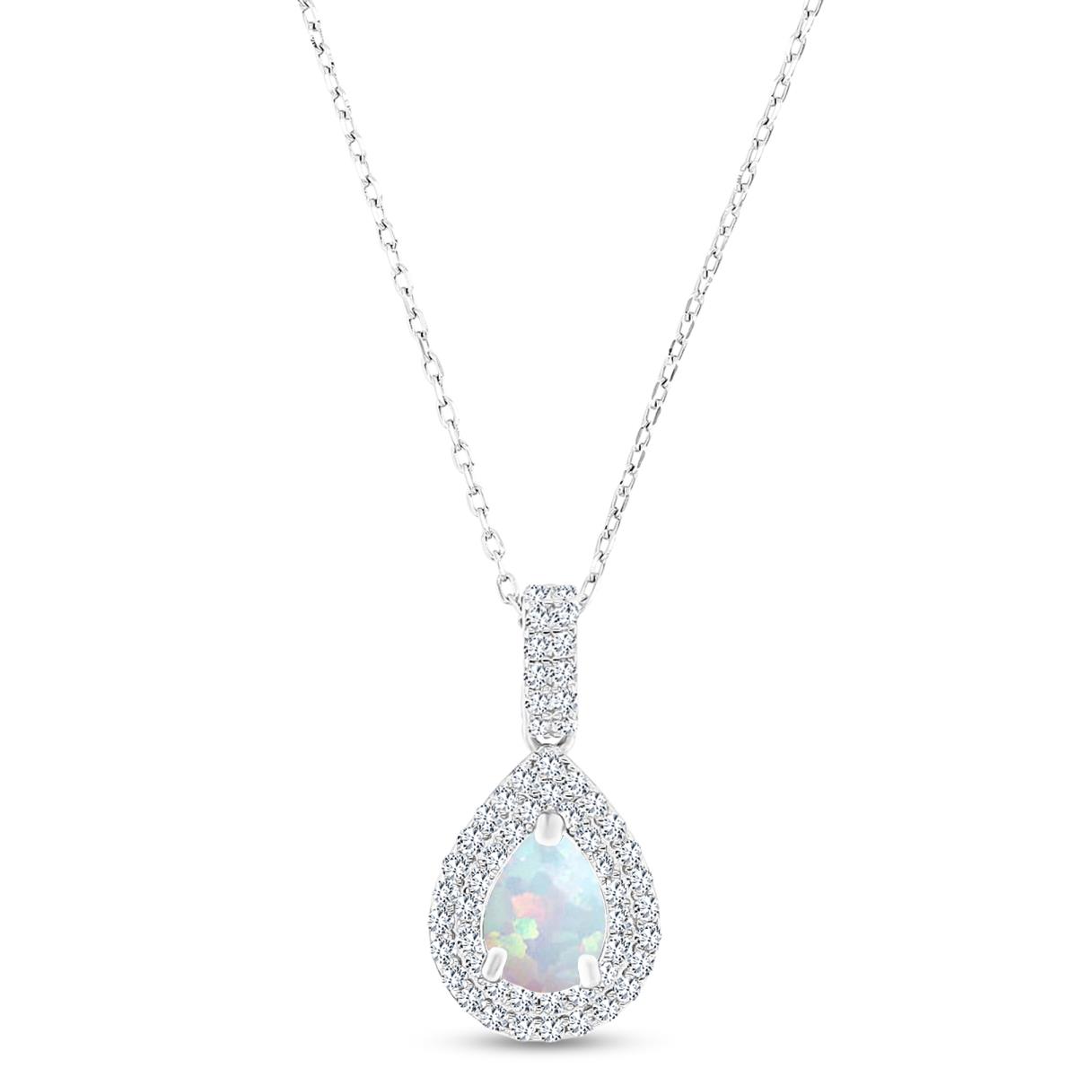 Sterling Silver Rhodium 8x6mm PS Cr Opal/ Cr White Sapphire Double Halo 16"+2" Necklace