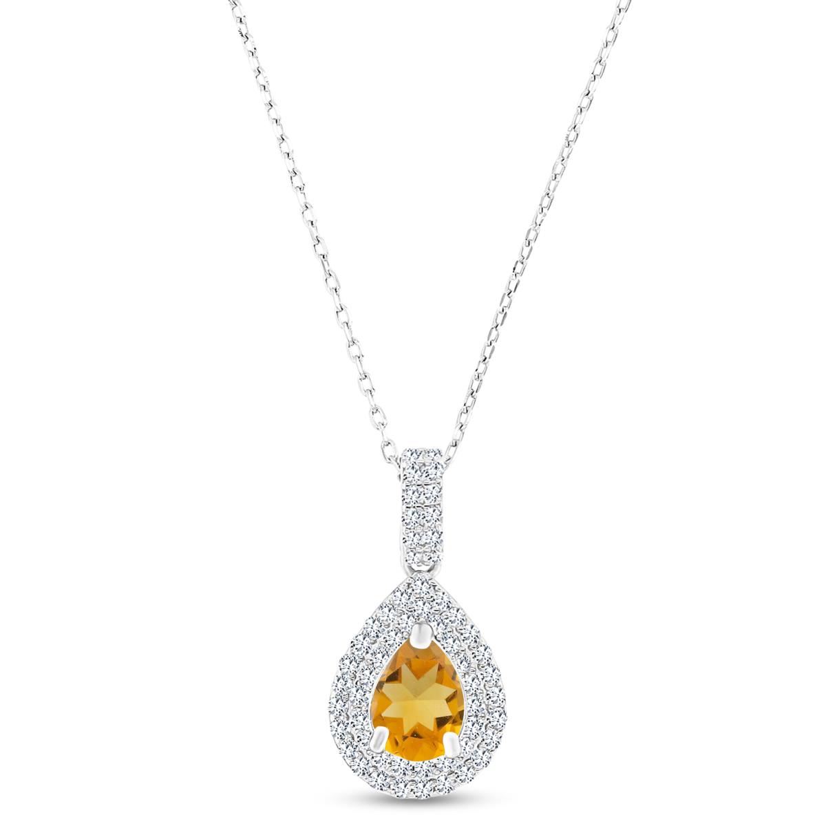 Sterling Silver Rhodium 8x6
mm PS Citrine/ Cr White Sapphire Double Halo 16"+2" Necklace