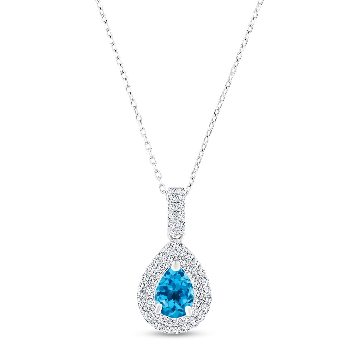 Sterling Silver Rhodium 8x6mm PS Blue Topaz/ Cr White Sapphire Double Halo 16"+2" Necklace