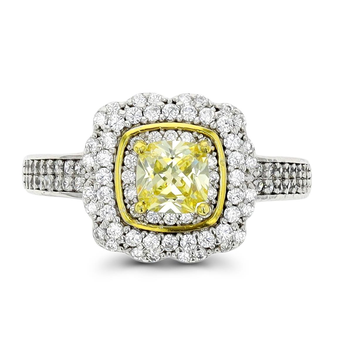 Sterling Silver Yellow & White Canary Cushion & White CZ Fashion Ring