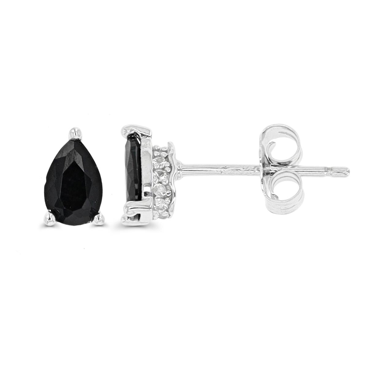 Sterling Silver Rhodium 6X4mm PS Black Spinel & CR White Sapphire Stud Earring
