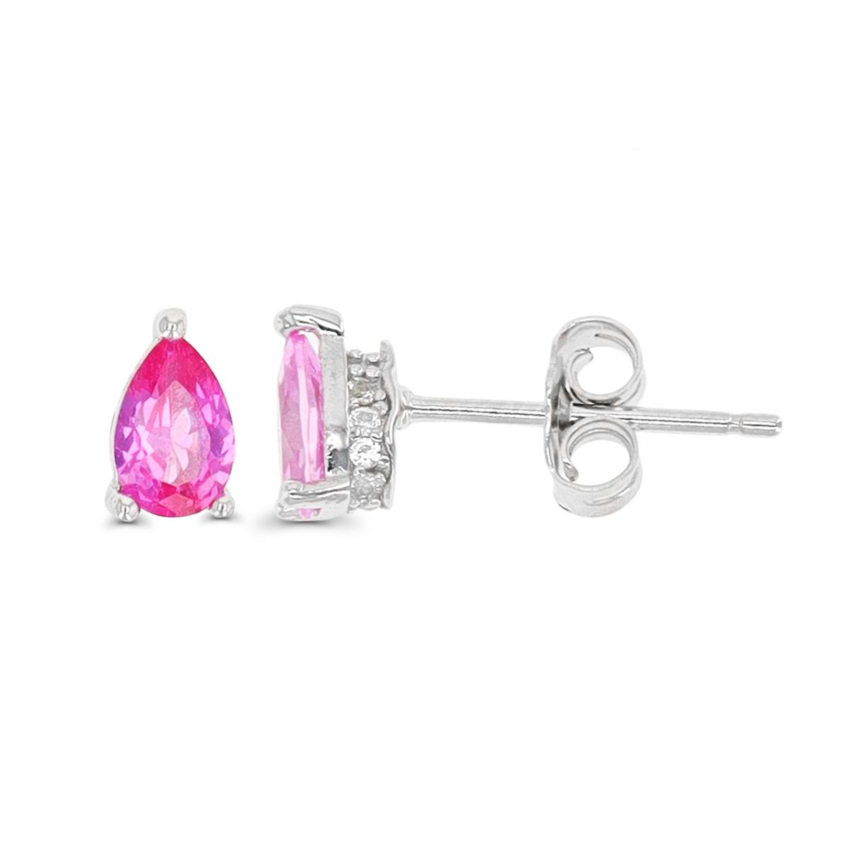 Sterling Silver Rhodium 6X4mm PS #2 Pink & CR White Sapphire Stud Earring