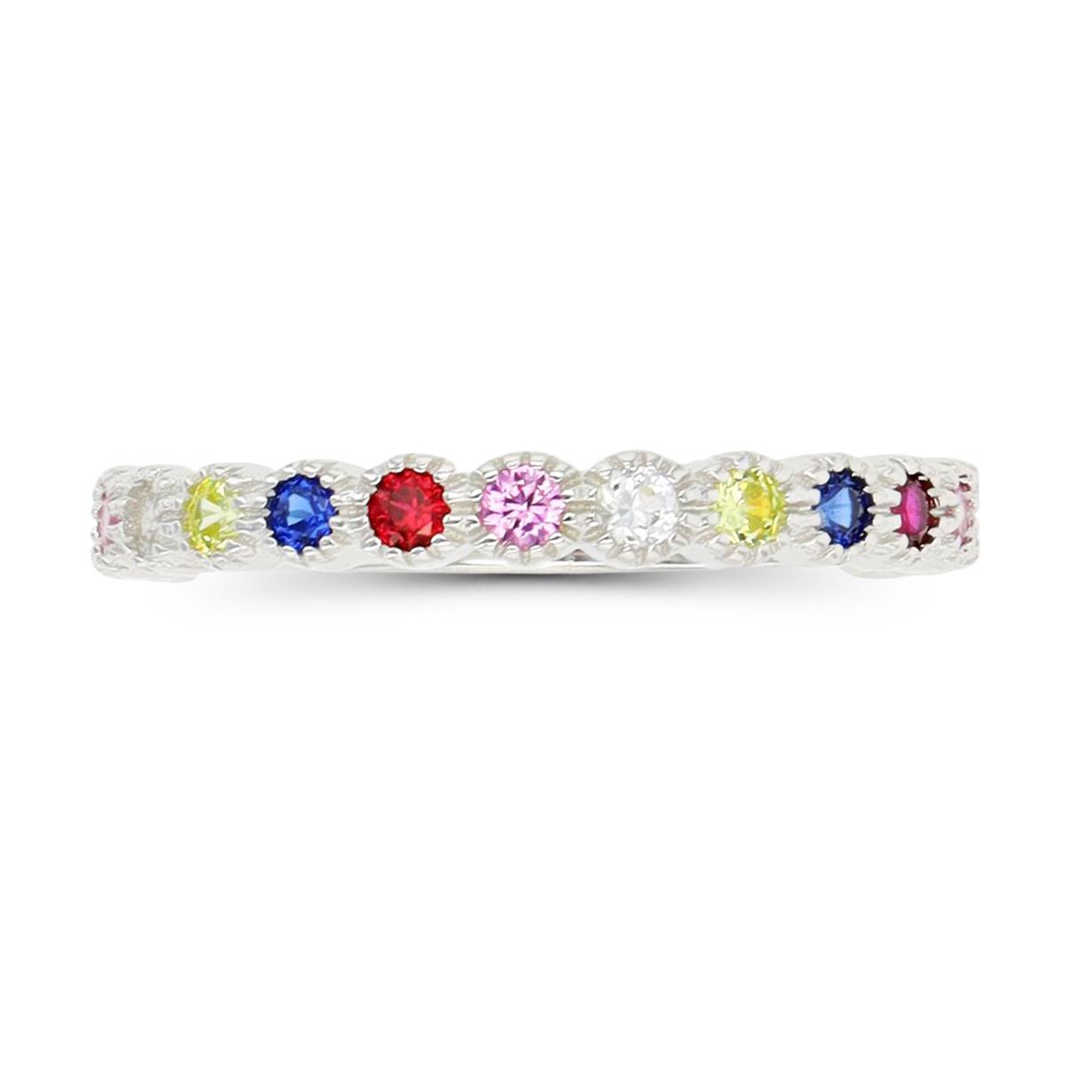 Sterling Silver Rhodium 2mm Multi Color Anniversary Band  Ring