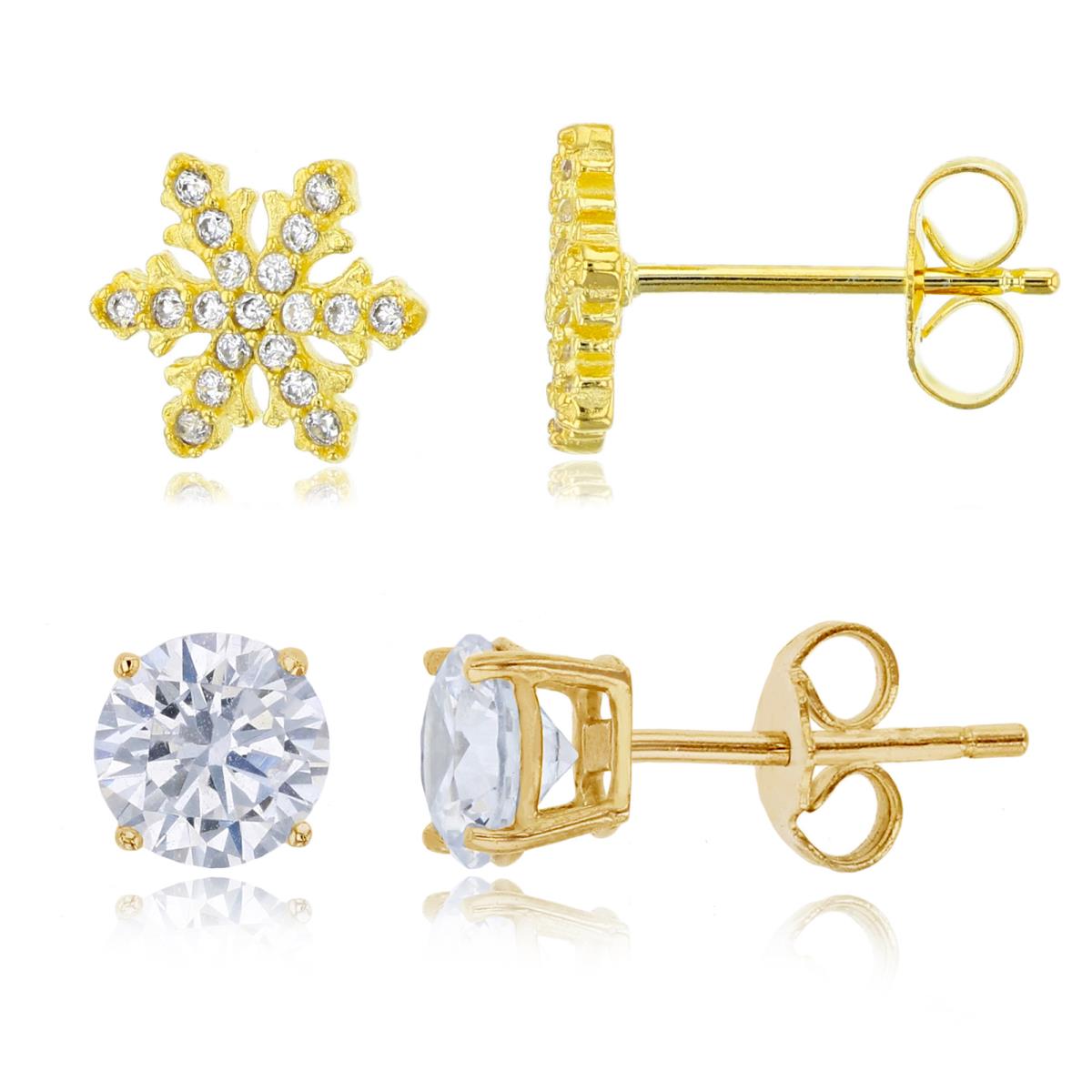Sterling Silver Yellow Snowflake & 6mm Rd Stud Earring Set