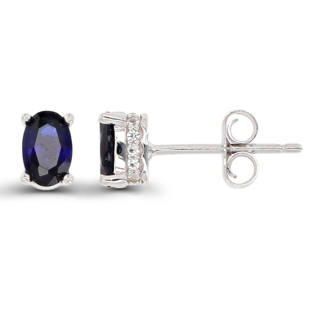 Sterling Silver Rhodium 6X4mm #34 Blue & Created White Sapphire Stud Earring