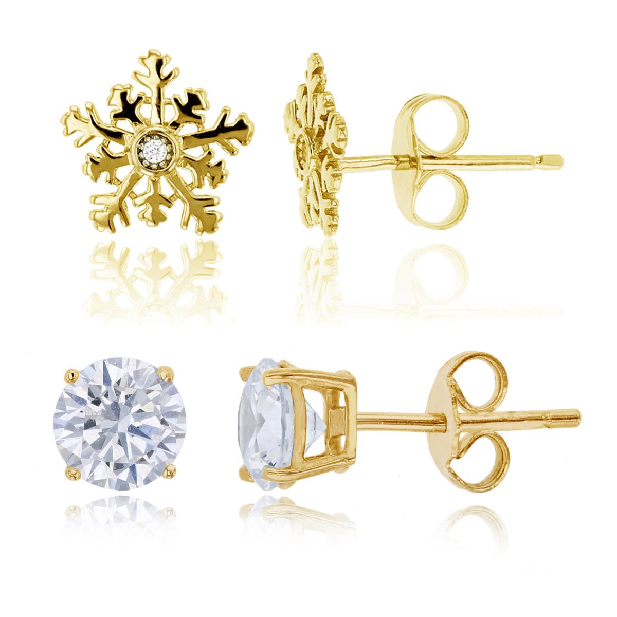 Sterling Silver Yellow 1.2mm Round CZ Snowflake & 6mm Stud Earring Set