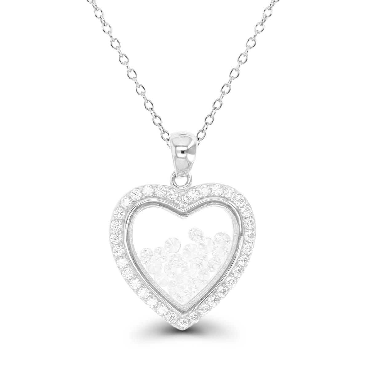 Sterling Silver Rhodium Heart RD CZ Glass 18" Necklace