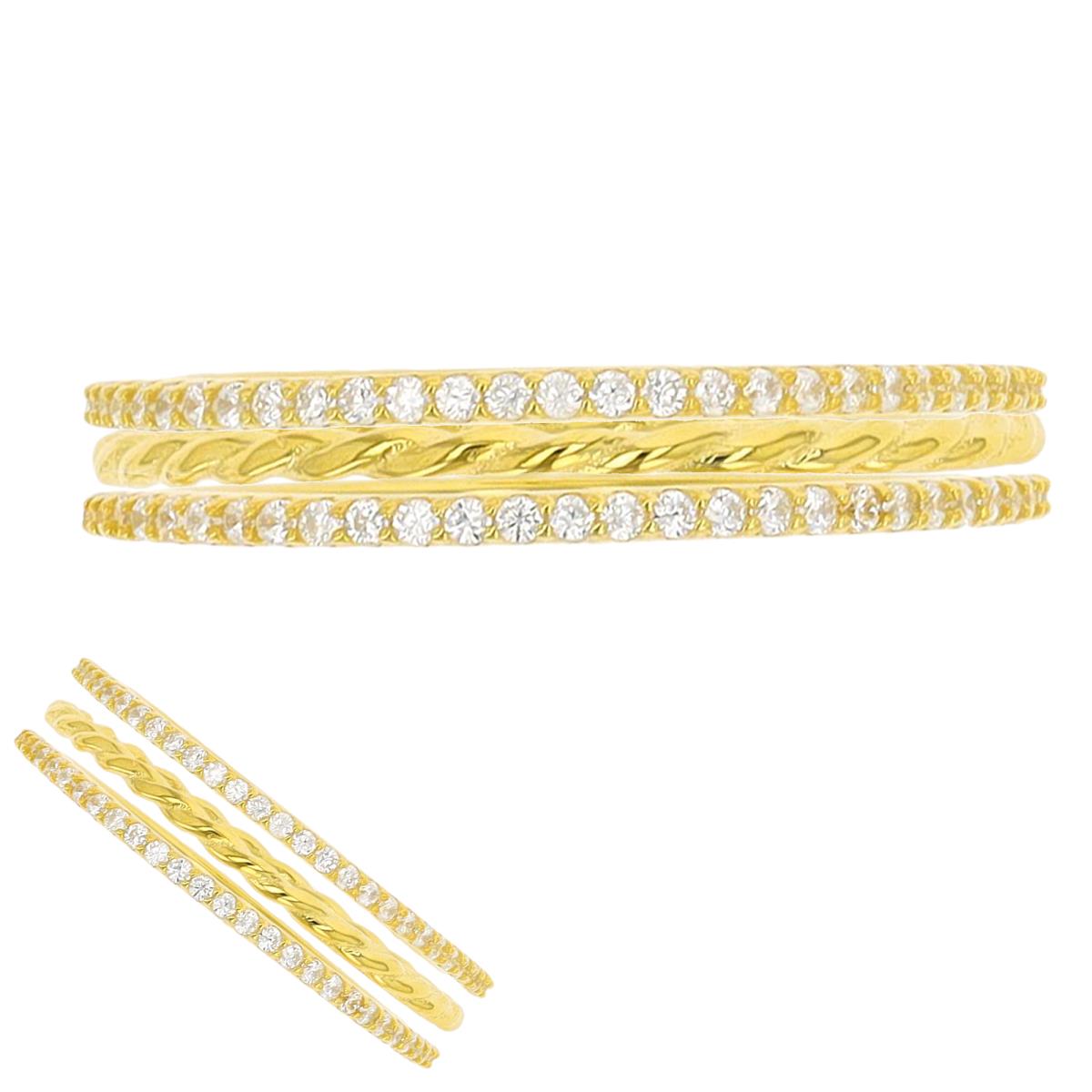 Sterling Silver Yellow White CZ Pave Rope  Trio 1.1;1.2mm  Ring
