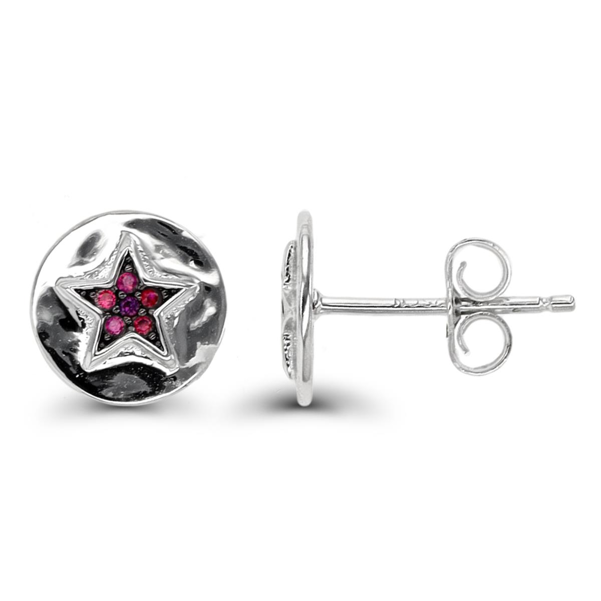 Sterling Silver Rhodium & Black #8 Ruby Pave Star Circle Stud Earring