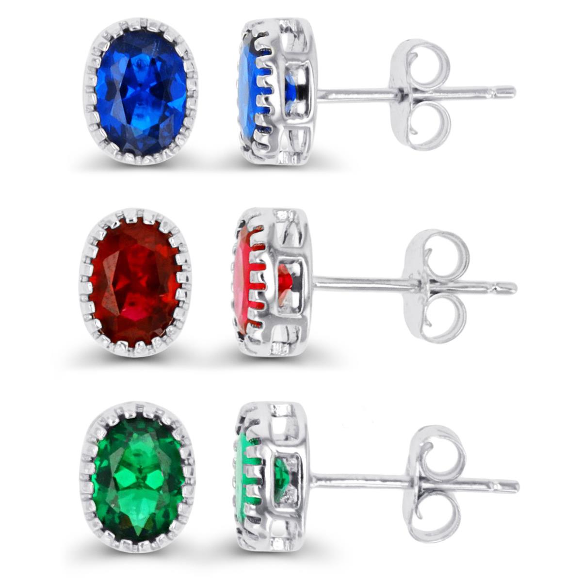 Sterling Silver Rhodium 7x5mm Oval #113 Blue/ Green/ Ruby Stud Earring Set