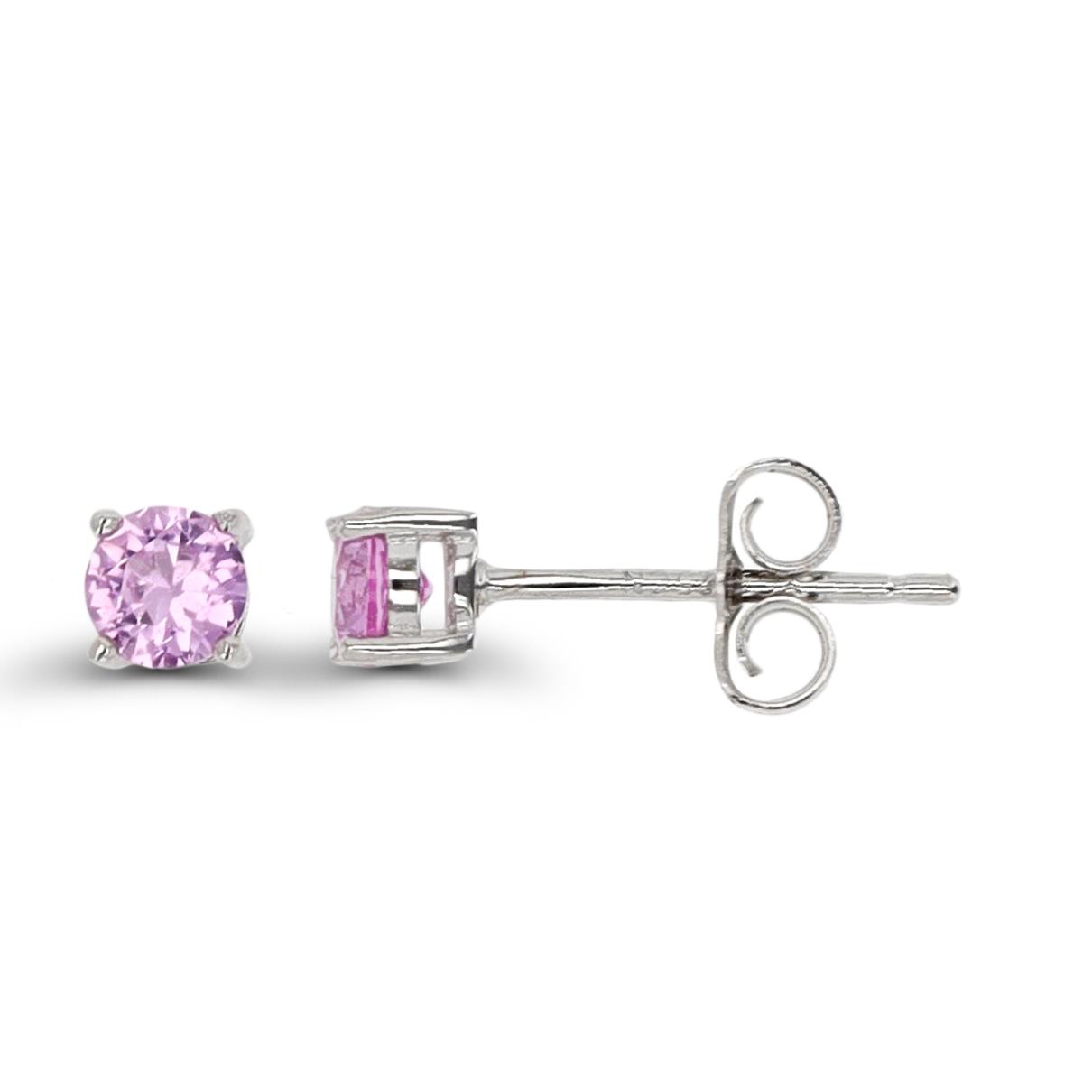 Sterling Silver Rhodium 4.00mm Round Cut #2 Pink  Solitaire Stud Earring