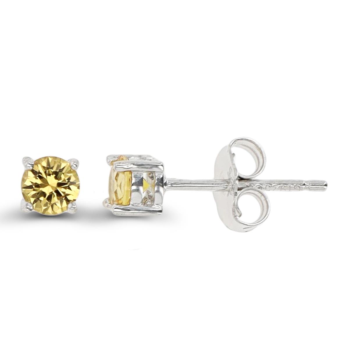 Sterling Silver Rhodium 4.00mm Round Cut #21 Yellow Solitaire Stud Earring