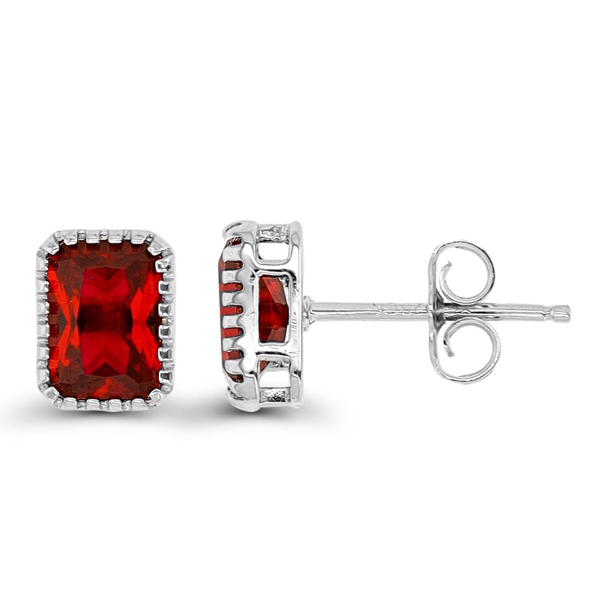 Sterling Silver Rhodium 7x5mm #8 Ruby Solitaire Stud Earring