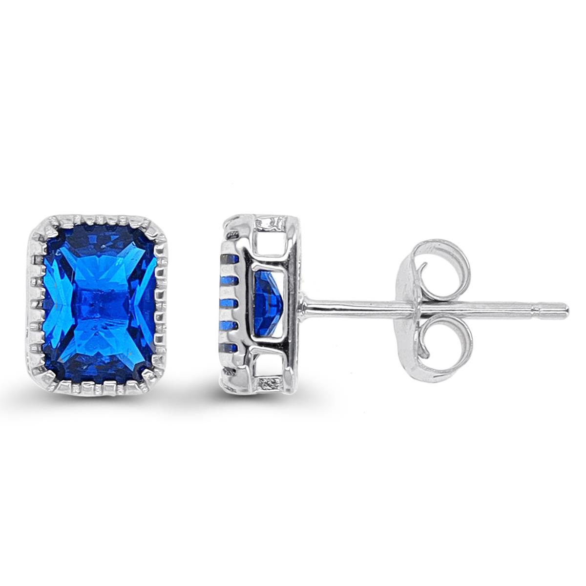 Sterling Silver Rhodium 7x5mm #113 Blue Solitaire Stud Earring