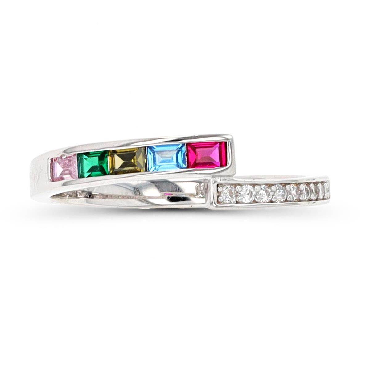 Sterling Silver Rhodium Multi ColoR Straight Baguette & White CZ Overlapped Fashion Ring