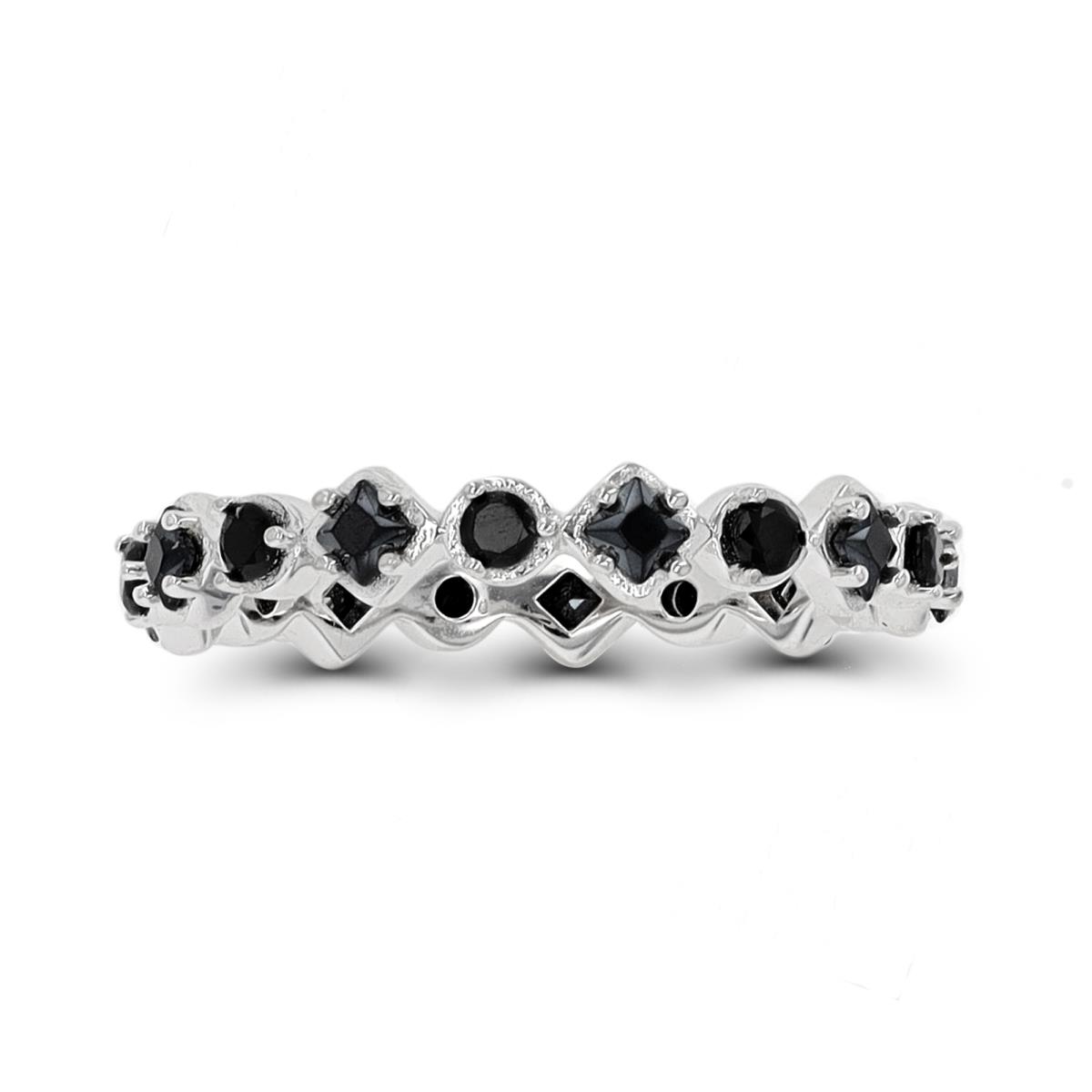 Sterling Silver Rhodium Alternating Square & Round Black Spinel Eternity Ring