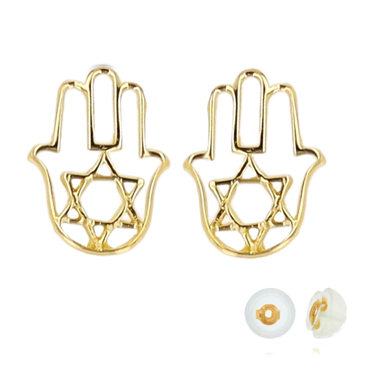 14K Yellow Gold Hamsa Star of David Stud Earring with Silicone Back