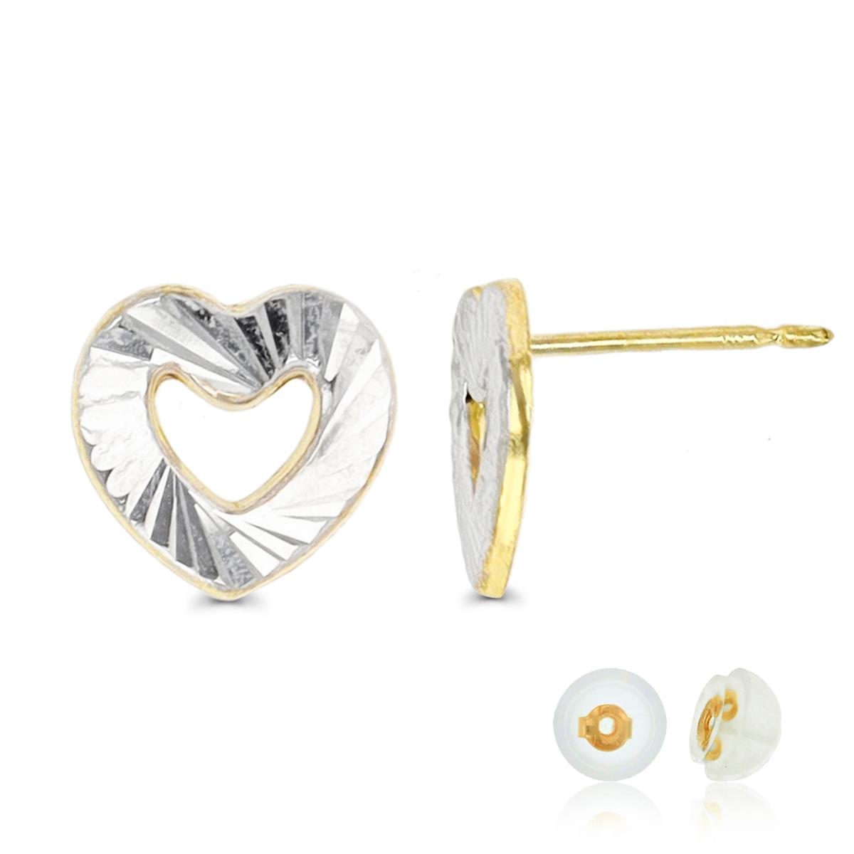 14K Two-Tone Gold Diamond Cut Heart Stud Earring with Silicone Back