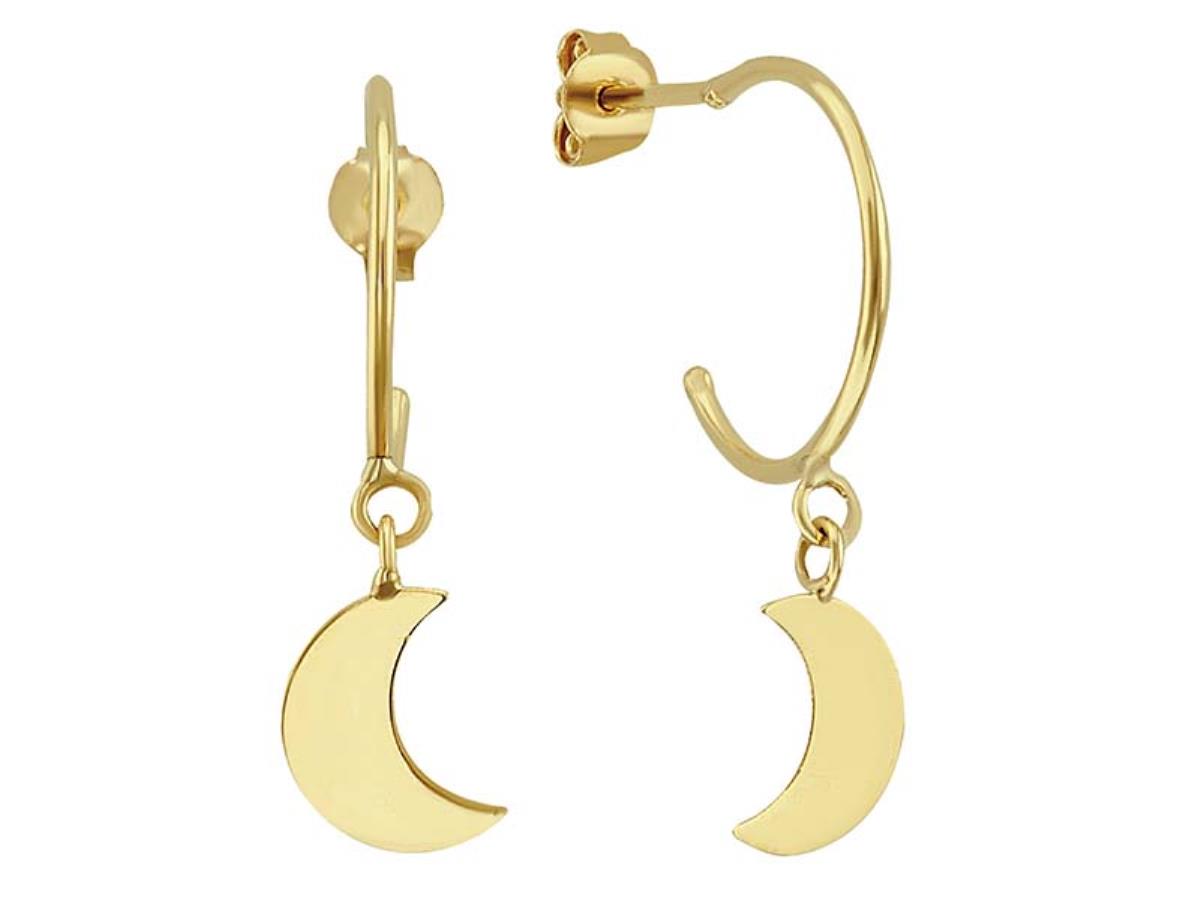 10K Yellow Gold Dangling Crescent Moon Hoop Earring with Silicone Back