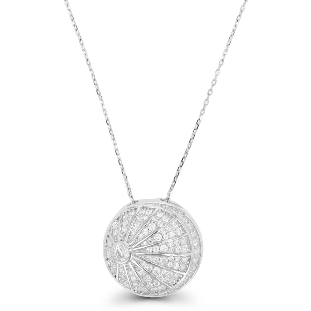 Sterling Silver Rhodium White CZ Round Shell 18"+2" Necklace