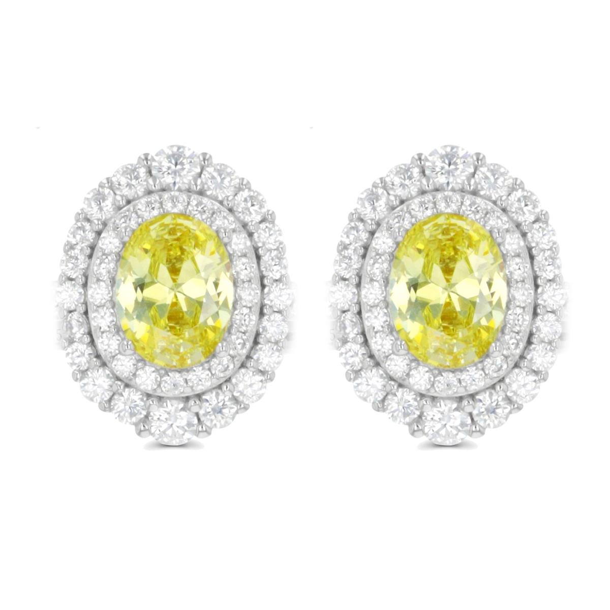 Sterling Silver Rhodium 7x5mm Ov Canary CZ Double Halo Stud Earring