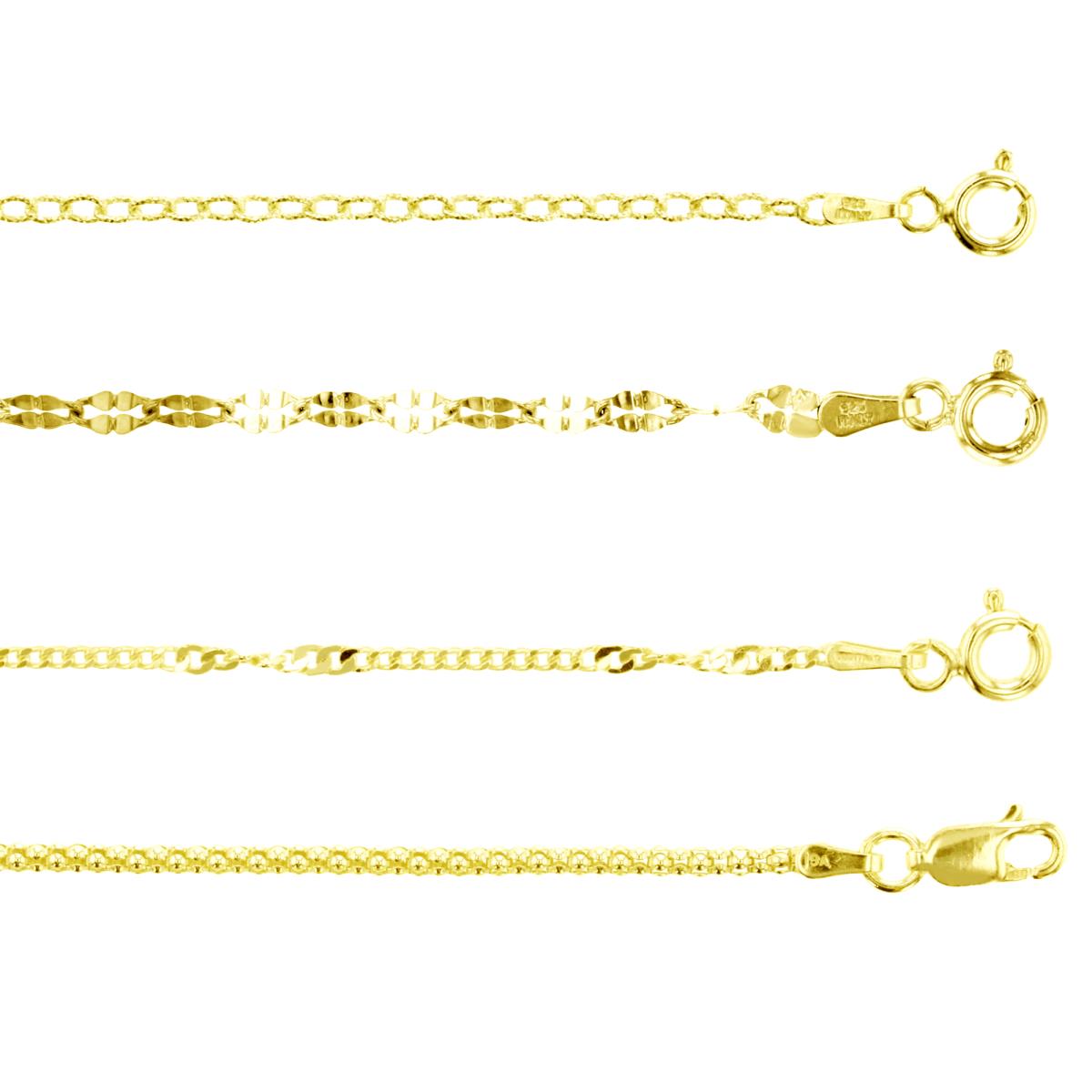Sterling Silver Yellow 1-Micron 2.30;1.40; 1.85;2.00MM Cable, Mirror, Twist & Popcorn 18" Chain Set