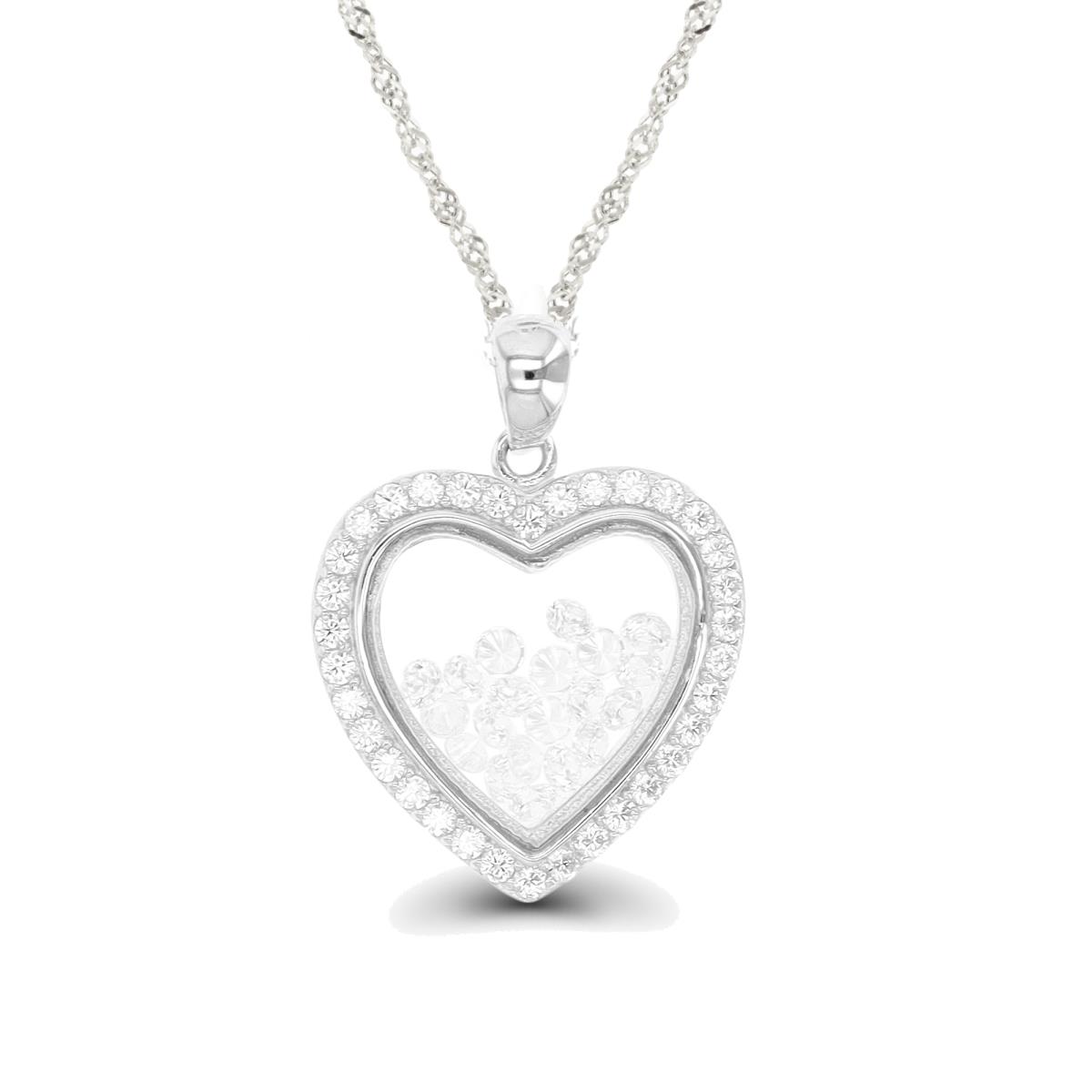 Sterling Silver Rhodium Heart RD CZ Glass 18"+2" Singapore Necklace