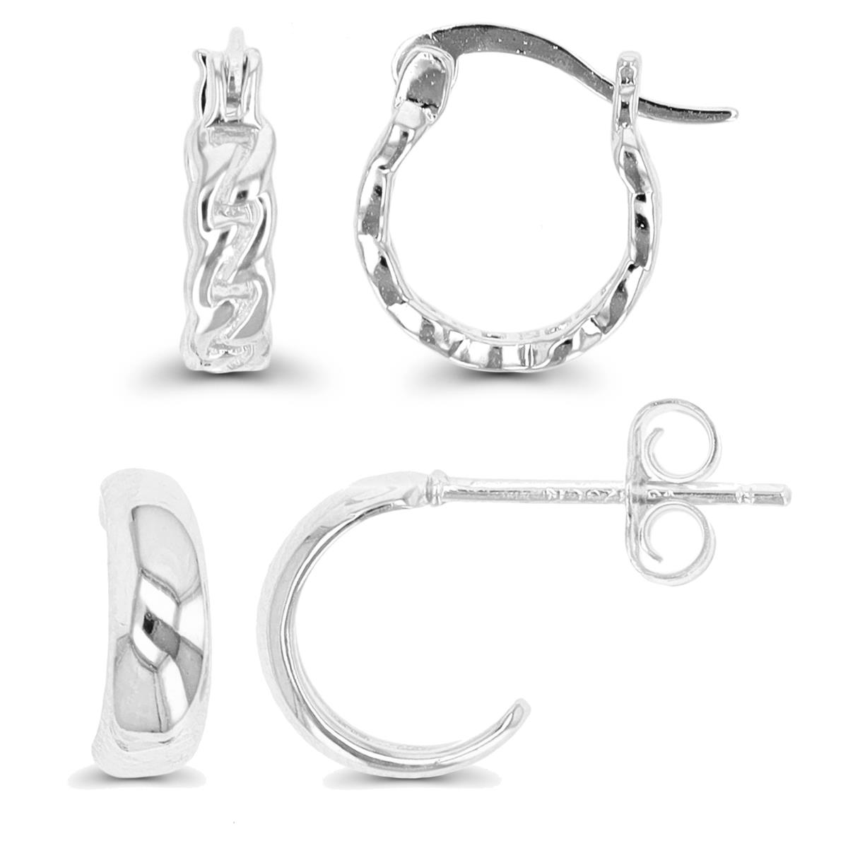 Sterling Silver Rhodium  Chain Huggie & Open Huggie Earring  Set