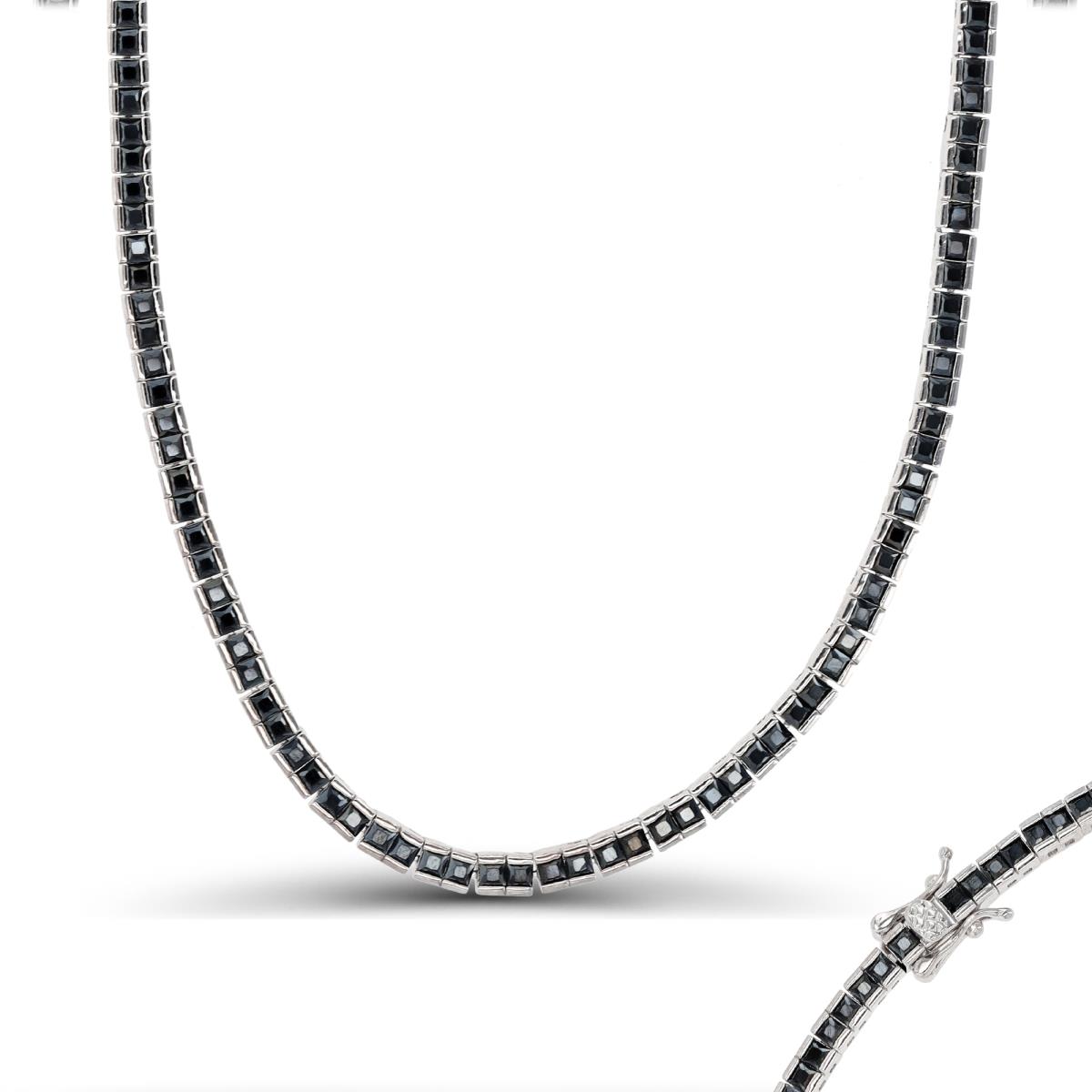 Sterling Silver Rhodium 2.00mm Princess Cut Black Spinel 18" Tennis Necklace