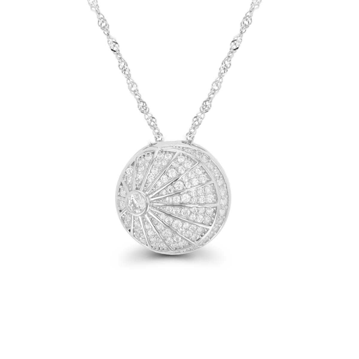 Sterling Silver Rhodium White CZ Round Shell 18"+2" Singapore Necklace