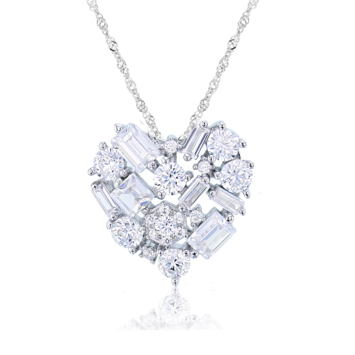 Sterling Silver Rhodium SB/Rnd & Princess White CZ Scattered Heart 18"+2" Singapore Necklace