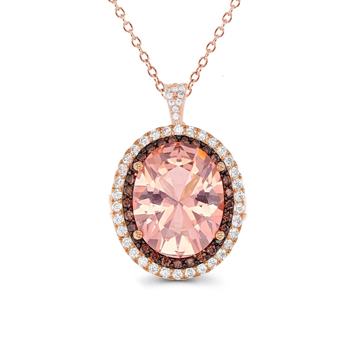 Sterling Silver Black & Rose 1 Micron 12x10mm Morganite & Brown Double Halo 18"+2" Necklace