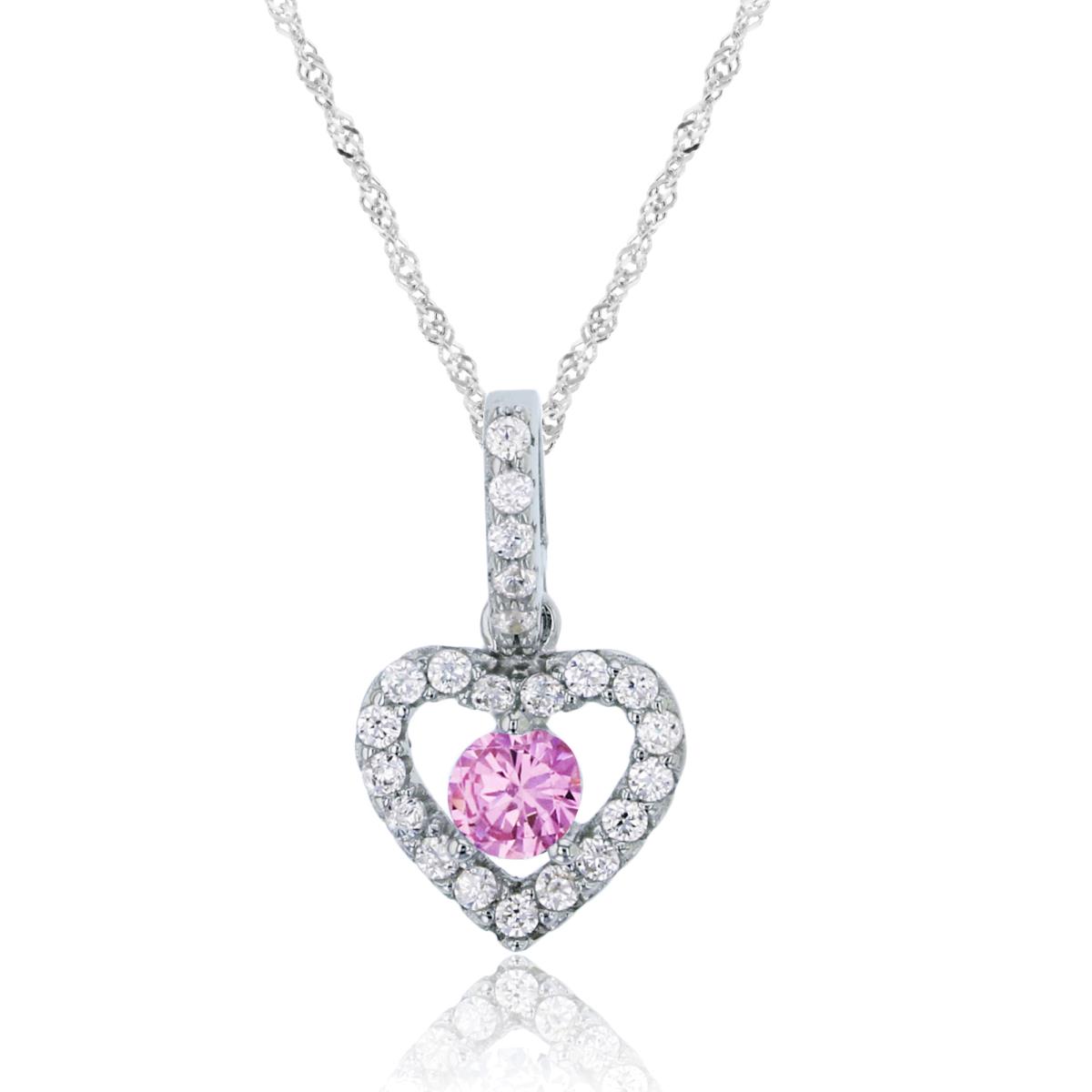 Sterling Silver Rhodium 3.50mm Pink Rd Cut Center Heart 10"+2" Singapore Necklace
