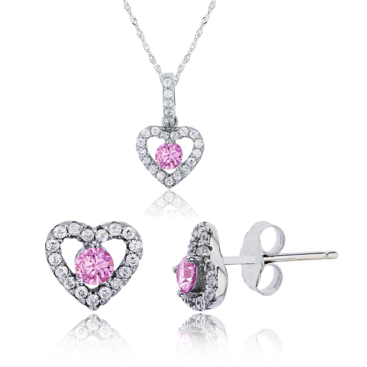 Sterling Silver Rhodium 3.50mm Pink Rd Cut Center 10"+2" Necklace & Earring Set