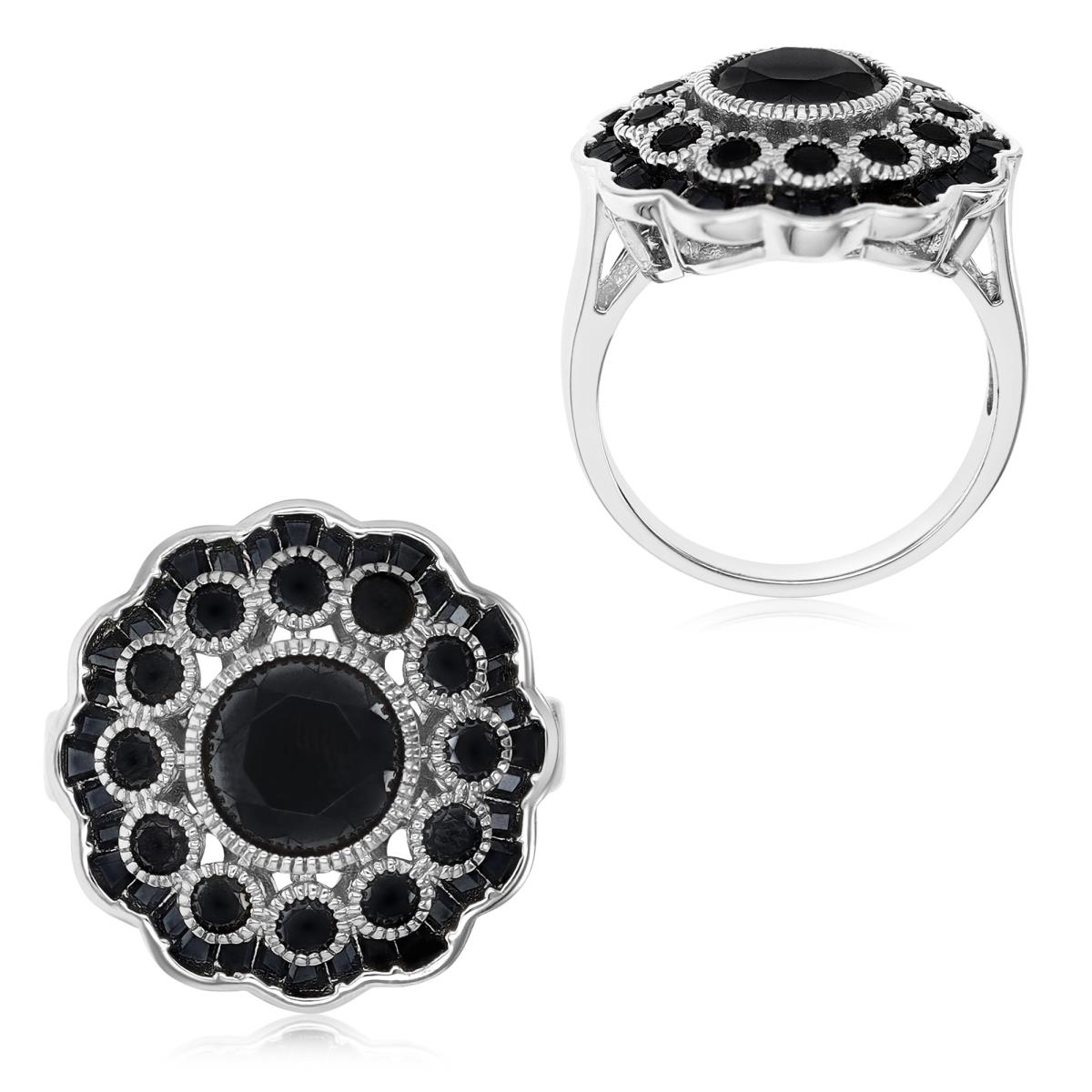 Sterling Silver Rhodium Black Spinel Milgrain Flower  2.8mm Fashion Ring