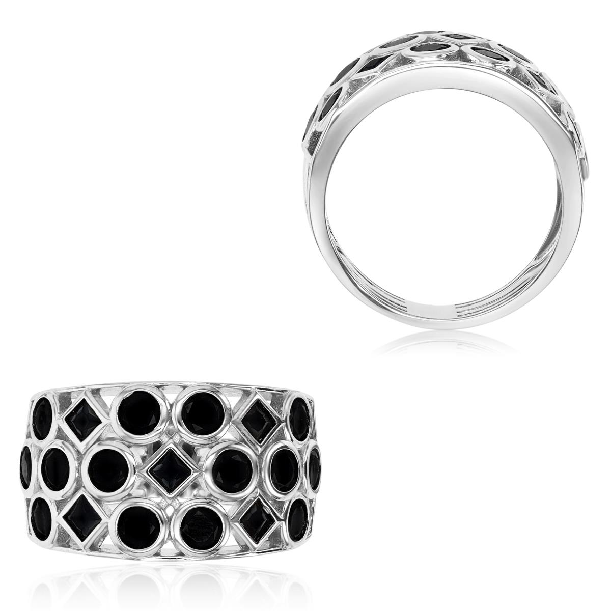 Sterling Silver Rhodium Rd & Sq Black Spinel Bezel 13mm Geometric Fashion Ring