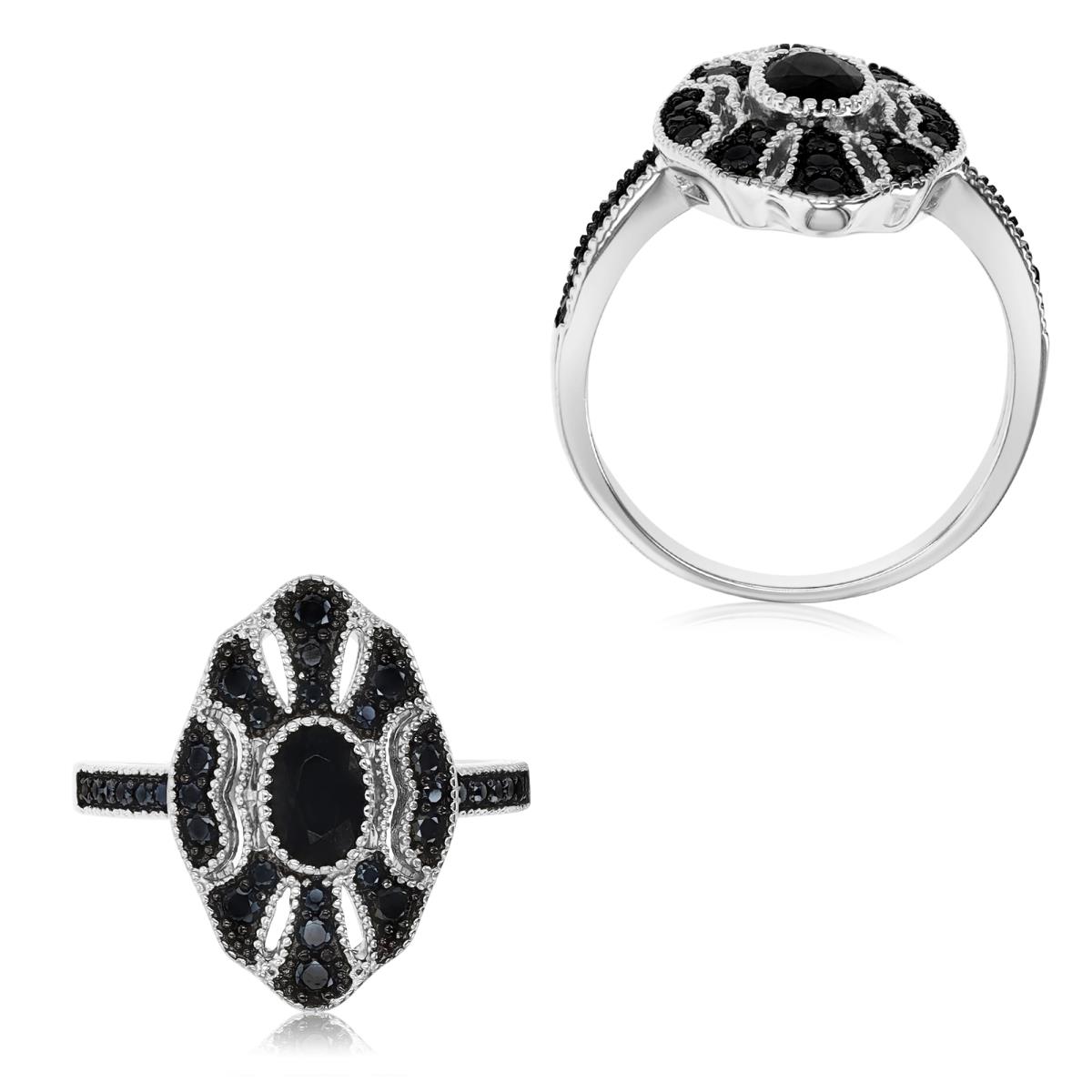 Sterling Silver Rhodium & Black Milgrain Black Spinel 19mm  Oval Fashion Ring