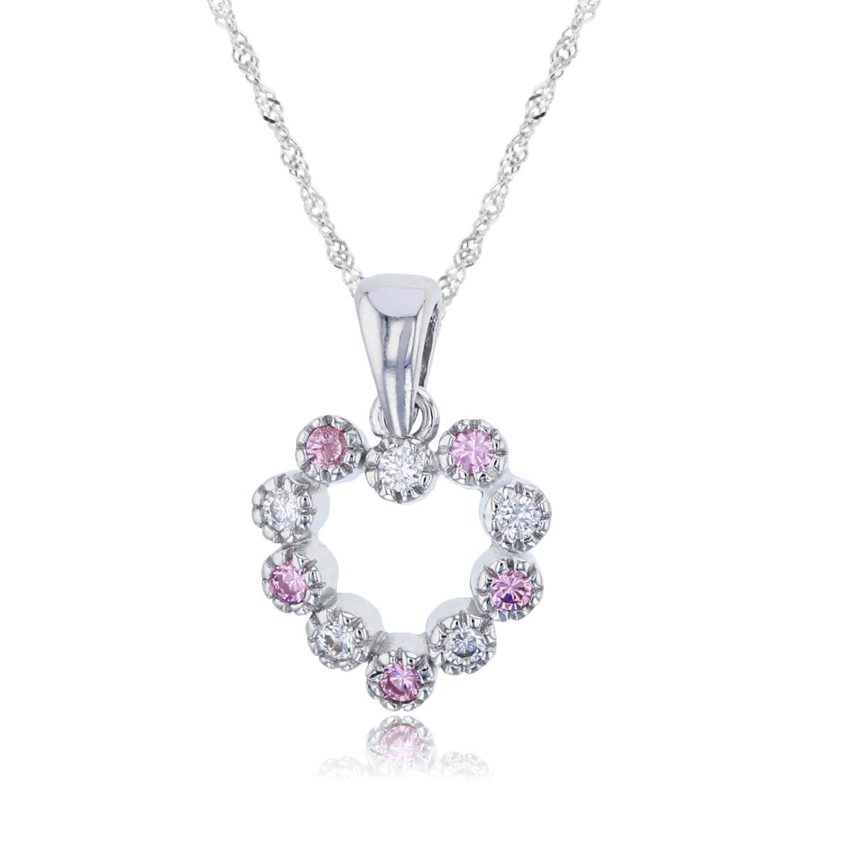 Sterling Silver Rhodium Alternating Pink & White CZ Milgrain Bezel Open Heart 10"+2" Singapore Necklace