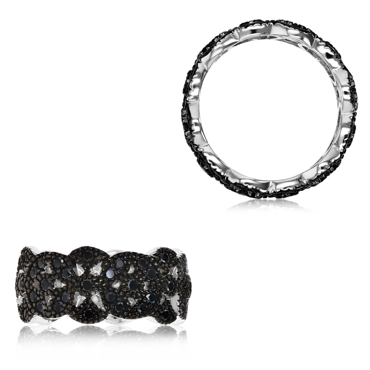 Sterling Silver Rhodium & Black Black Spinel Milgrain  9mm Clusters Eternity Ring