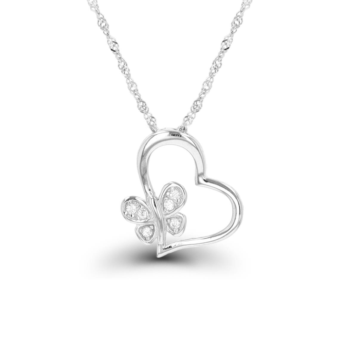 Sterling Silver Rhodium Butterfly & Heart Necklace 10"+2" Singapore Necklace