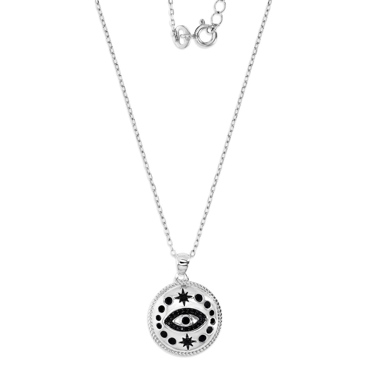 Sterling Silver Rhodium & Black Rnd Black Spinel Evil Eye & Textured Stars with 25X17.7 Bezel Circles on High Polish Puffy Circle 18"Necklace